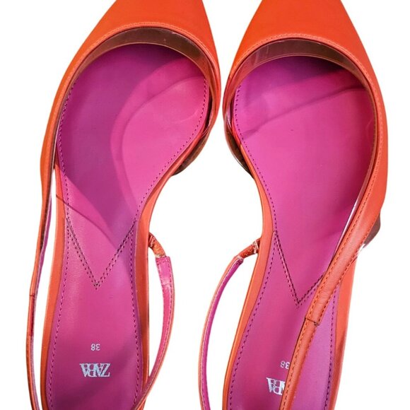 Zara Orange & Pink Pointed Toe Womens Slingback Flats Size 38 - Picture 1 of 8